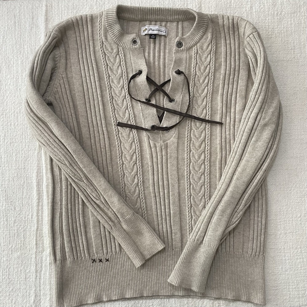 Montana Co Sweater Women's XL Off White‎ Cable knit Warm Western Lace Up